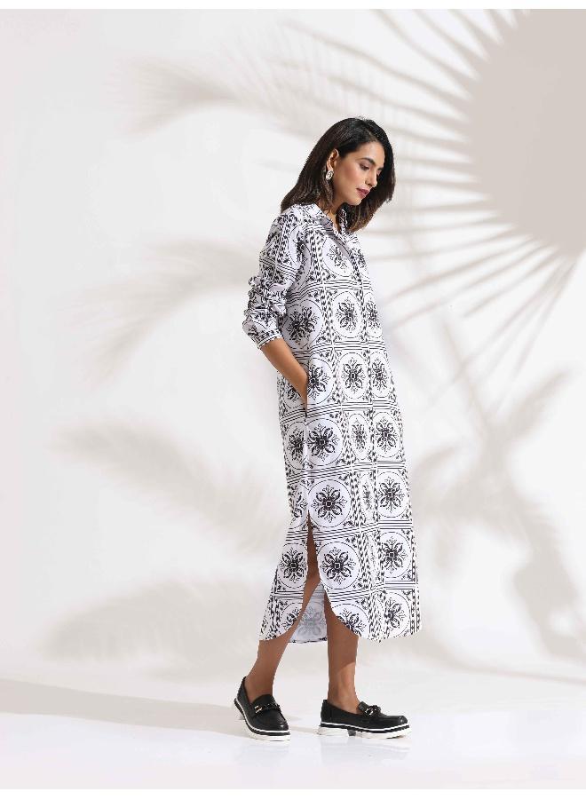 ترو برونز trueBrowns White Cotton Print Shirt Dress  - Image 5
