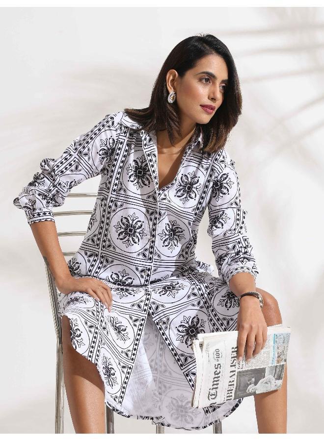 ترو برونز trueBrowns White Cotton Print Shirt Dress  - Image 1