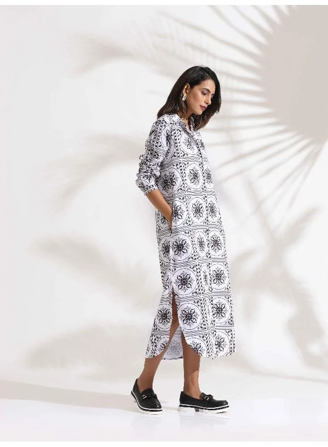 ترو برونز trueBrowns White Cotton Print Shirt Dress