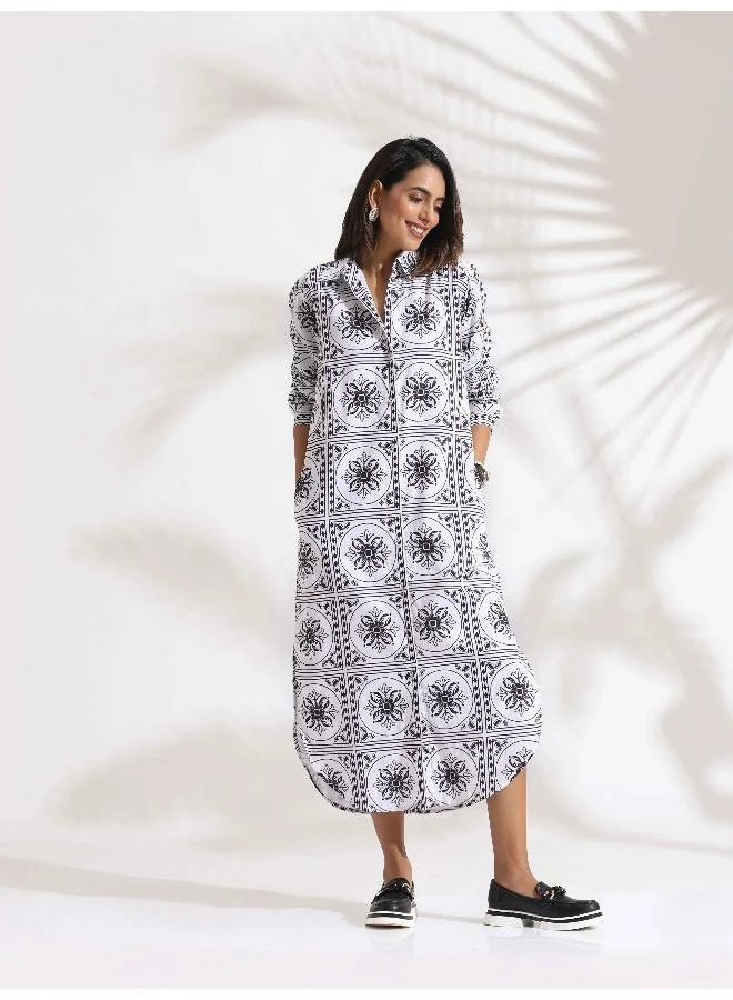 ترو برونز trueBrowns White Cotton Print Shirt Dress