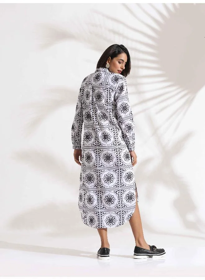 ترو برونز trueBrowns White Cotton Print Shirt Dress