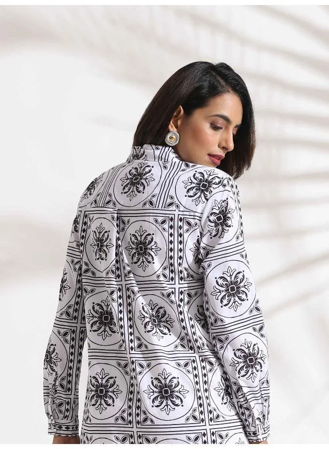 ترو برونز trueBrowns White Cotton Print Shirt Dress