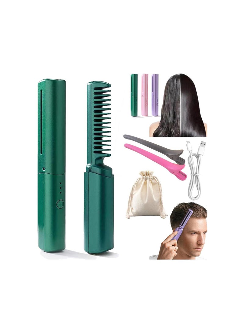 silvercnc Rechargeable Mini Hair Straightener Comb, Portable Mini Heat Straightening Brush, Cordless for Trip Travel 3 Temperature Adjustments Flat Iron for Short Hair (Green)  - Image 1