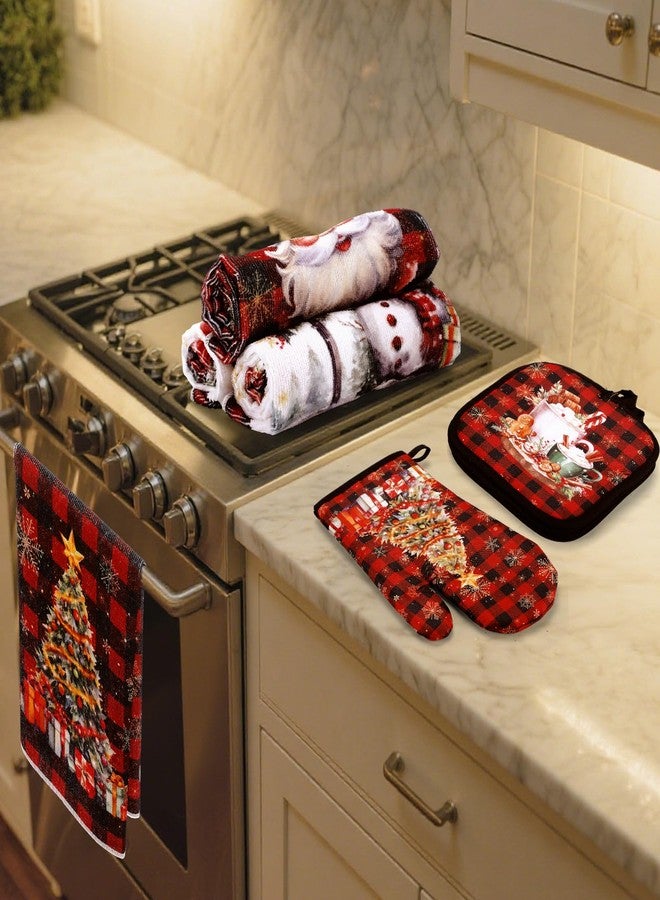 SiliFine 12 Pcs Christmas Kitchen Towels Pot Holders and Oven Mitts Set Buffalo Plaid Christmas Tree Dish Towels Snowman Truck Oven Mitts Santa Claus Potholders for Xmas Cooking Dish Baking Decorative - Image 5