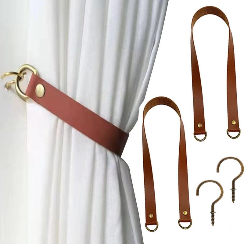 glrovazas Leather Curtain Tie Backs  2Pcs glrovazas Curtain Rod Holder Window Treatment Holdbacks Drapery Tiebacks with Metal Hooks Drapery Tiebacks for Balcony Room Cafe Red Brown 