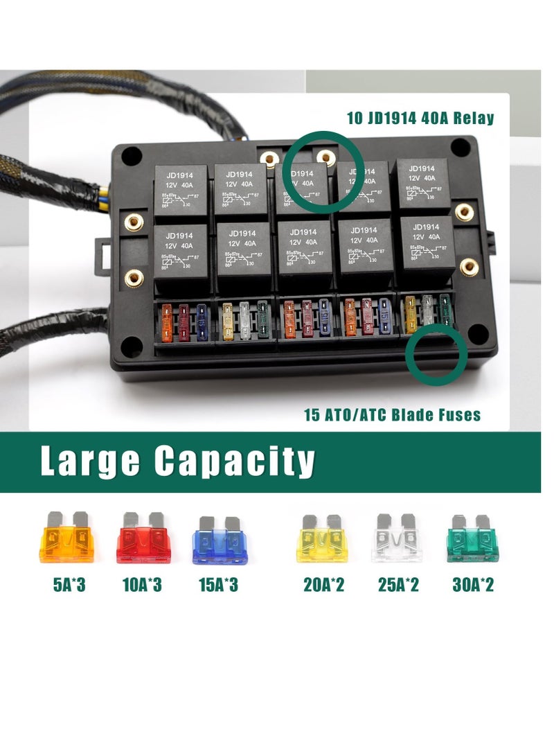 SOLARAE 15 Slots Fuse Relay Box 12V Automotive, Fuse Relay Block Pre-Wired, 10 Way Relay Panel, Universal Waterproof Relay Box ATC/ATO Fuse Holder, Fuse Block and Relay Kit for Auto Car Truck Marine Boat - Image 2