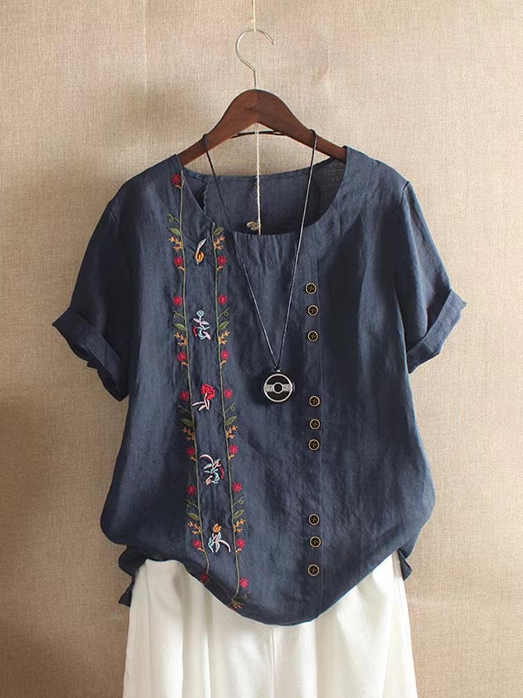 Spot Real S 2024 Wish Women'S Embroidered Flower Retro Cotton And Linen Short-Sleeved T-Shirt For Women - Image 1