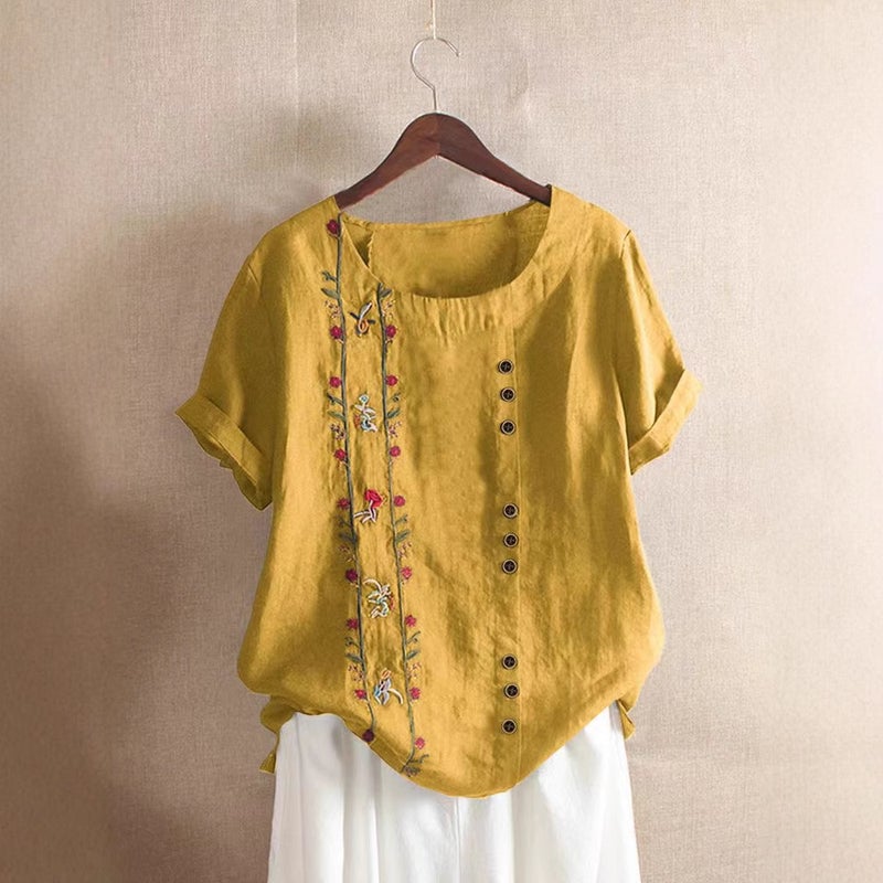Spot Real S 2024 Wish Women'S Embroidered Flower Retro Cotton And Linen Short-Sleeved T-Shirt For Women - Image 5