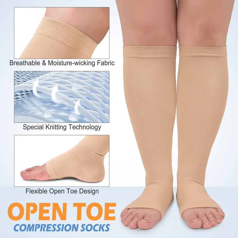 CTHH 3 Pack Open Toe Compression Socks for Women & Men, Toeless Knee High Stockings for Circulation Support, Nude Small-Medium - Image 4