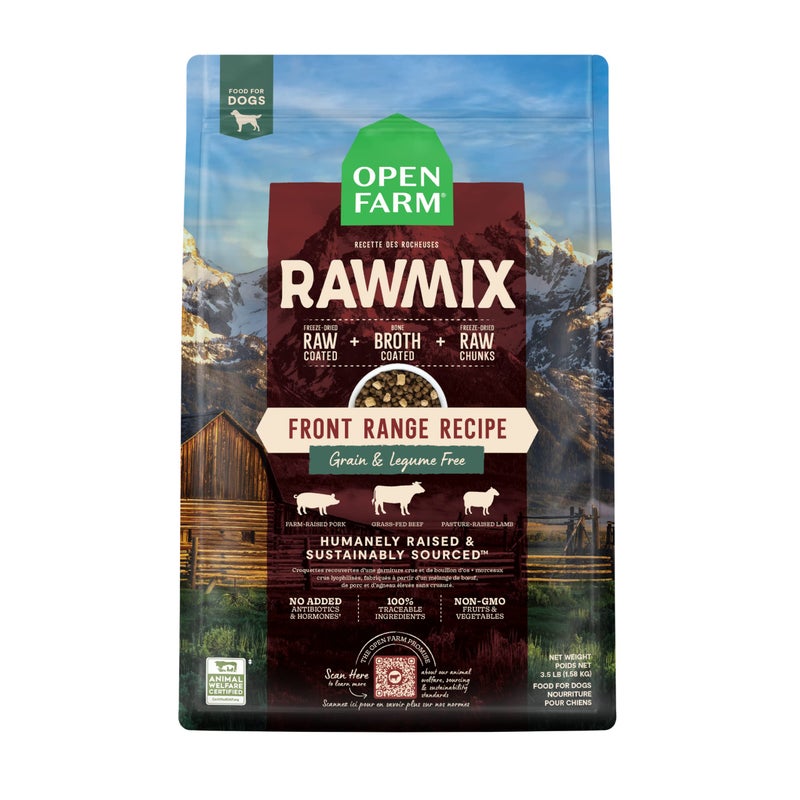 Open Farm, RawMix Grain-Free Dry Dog Food, Protein-Packed Kibble Coated in Bone Broth with Freeze Dried Raw Chunks, Beef Pork & Lamb, Front Range Recipe, 3.5lb Bag - Image 1
