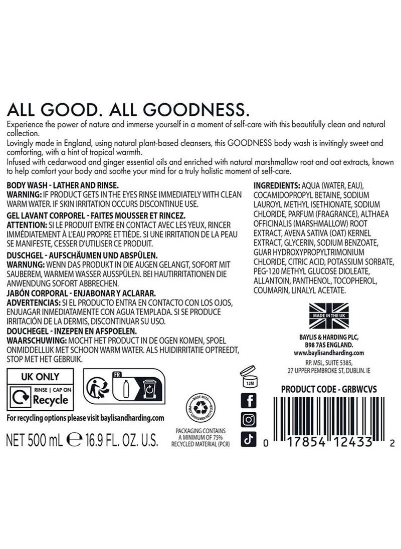 Baylis & Harding  Goodness Coconut, Vanilla & Shea Body Wash, 500ml | Nourishing Natural Body Cleanser with Marshmallow Root & Oats | Dermatologist Approved | Vegan  | Best Price UAE