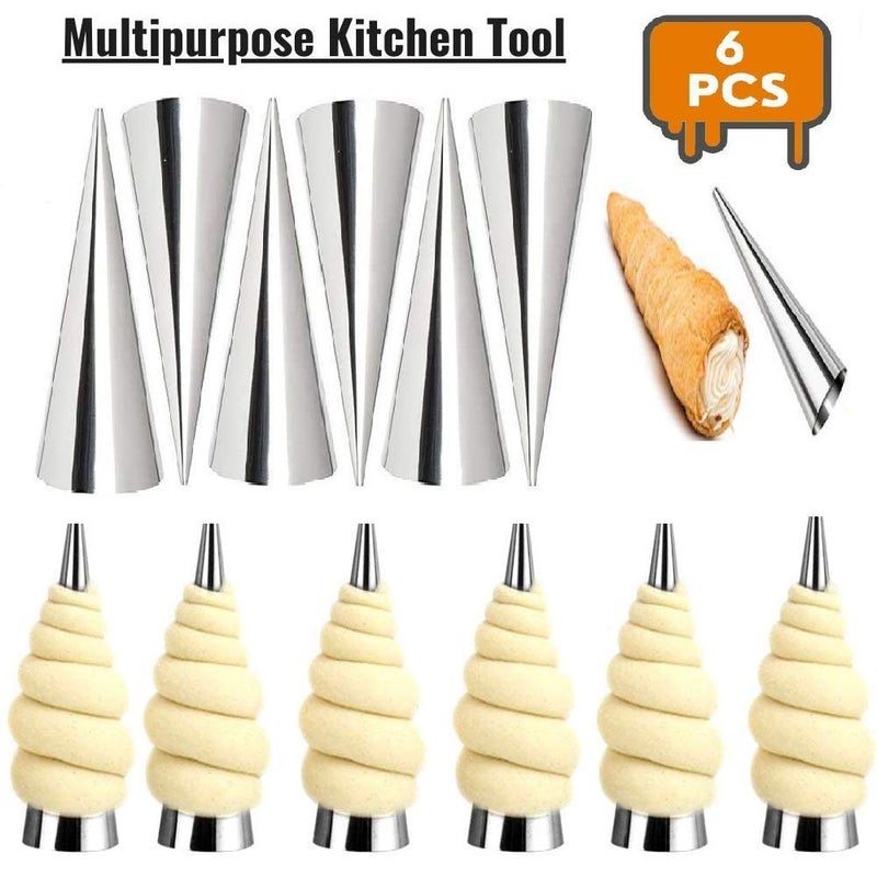 STORE77 6 Pcs DIY NonStick Stainless Steel Baking Cones Set Spiral Horn Pastry Cream Roll TubesCake Cone MoldCannoli FormsCroissant Shell Metal Ice Cream RollFunnel ShapeKitchenParty - Image 4