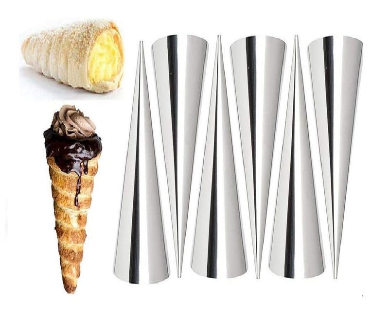 STORE77 6 Pcs DIY NonStick Stainless Steel Baking Cones Set Spiral Horn Pastry Cream Roll TubesCake Cone MoldCannoli FormsCroissant Shell Metal Ice Cream RollFunnel ShapeKitchenParty - Image 1