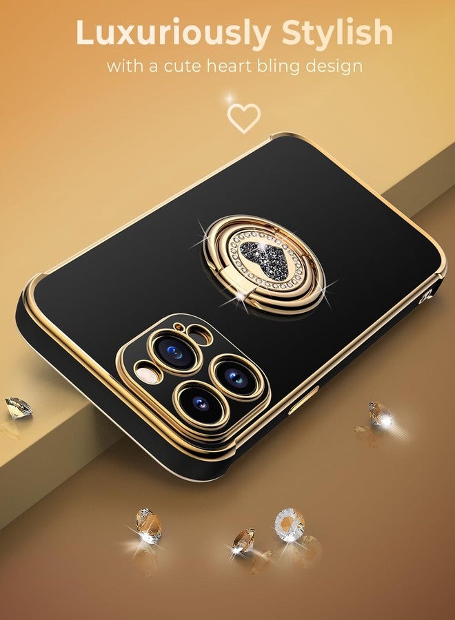 XYZ جراب XYZ لهاتف iPhone 15 Pro Max مع حامل، جراب هاتف مزود بحامل مزدوج الحلقات، جراب فاخر مرصع بالكريستال بتصميم قلب لحماية هاتف iPhone 15 Pro Max، أسود - Image 5