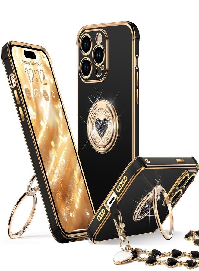 XYZ جراب XYZ لهاتف iPhone 15 Pro Max مع حامل، جراب هاتف مزود بحامل مزدوج الحلقات، جراب فاخر مرصع بالكريستال بتصميم قلب لحماية هاتف iPhone 15 Pro Max، أسود - Image 1
