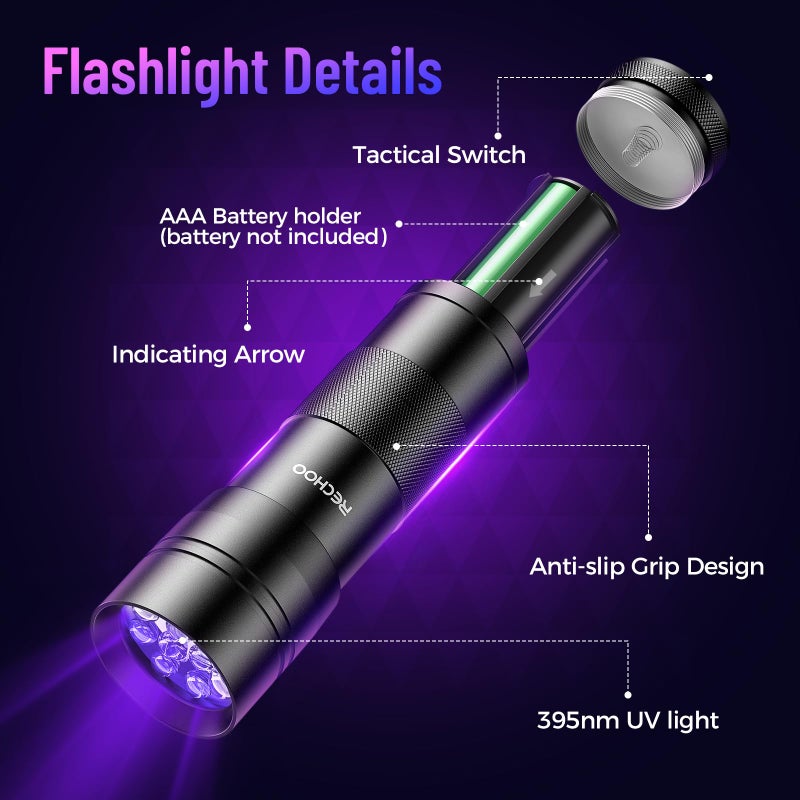 Rechoo Black Light UV Flashlight 2 Pack, 12 LED 395nm UV Flashlight, Portable Mini UV Light Waterproof, Blacklight for Pet Urine Detection, Dry Stains, Bed Bug, Fluorescent Agent (Batteries not included) - Image 2