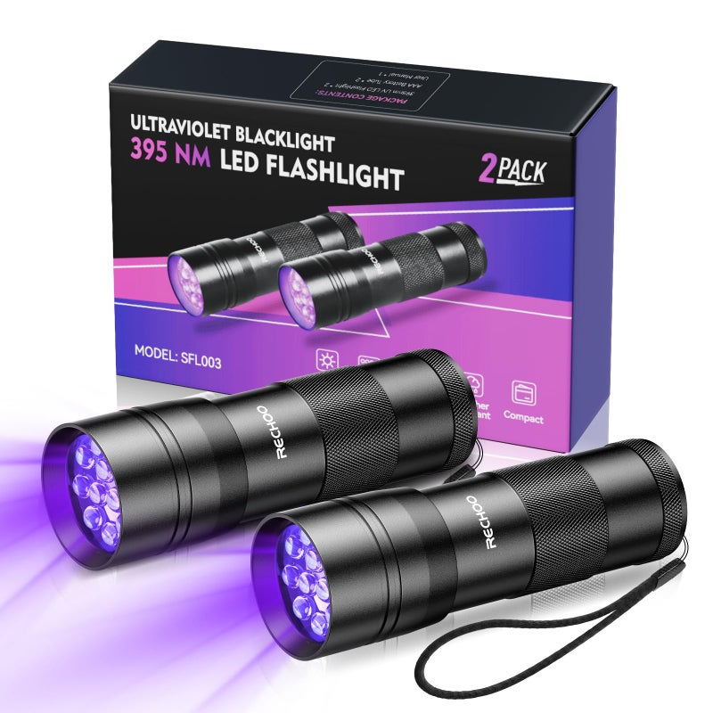 Rechoo Black Light UV Flashlight 2 Pack, 12 LED 395nm UV Flashlight, Portable Mini UV Light Waterproof, Blacklight for Pet Urine Detection, Dry Stains, Bed Bug, Fluorescent Agent (Batteries not included) - Image 1