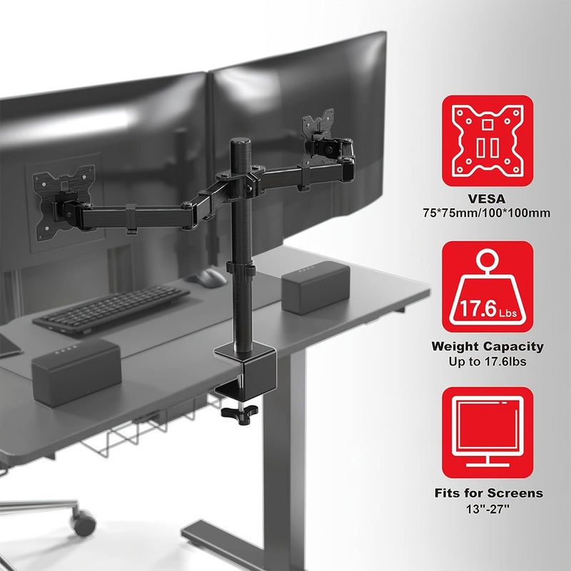 Fully Adjustable Dual Monitor Desk Mount For Flat Curved Screens Up To 27 Inches 7 To 17.6 Lbs VESA 75x75mm Or 100x100mm Black - Image 3