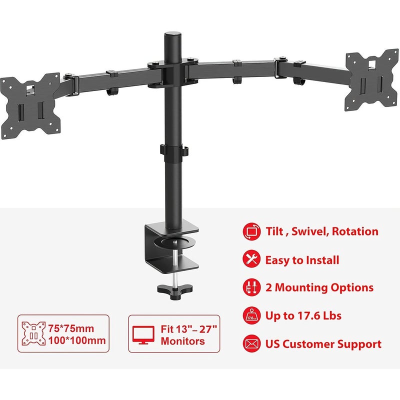 Fully Adjustable Dual Monitor Desk Mount For Flat Curved Screens Up To 27 Inches 7 To 17.6 Lbs VESA 75x75mm Or 100x100mm Black - Image 4