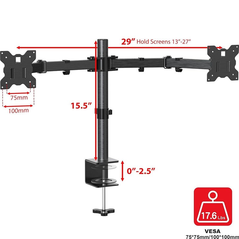 Fully Adjustable Dual Monitor Desk Mount For Flat Curved Screens Up To 27 Inches 7 To 17.6 Lbs VESA 75x75mm Or 100x100mm Black - Image 2