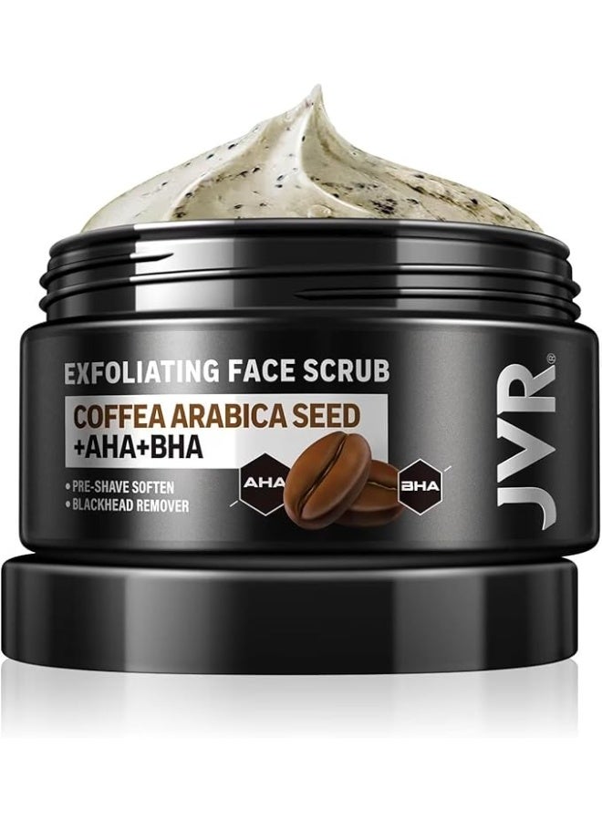 JVR Face Scrub for Men, Facial Scrub for Deep Exfoliating, Cleansing, Removing Blackheads, Ingrown Hair, Pre-shave Soften, Organic Formulated with Coffee Extract, AHA and BHA Face Exfoliator (4.23 oz) - Image 1