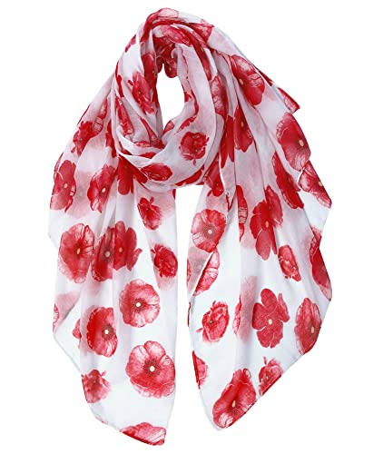 GERINLY Red Poppy Floral White Scarf for Women Oblong Shawl Wrap for Fall Travel Cotton Voile Beach Sarong - Image 1