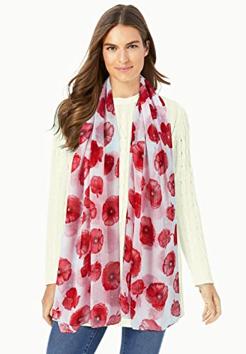 GERINLY Red Poppy Floral White Scarf for Women Oblong Shawl Wrap for Fall Travel Cotton Voile Beach Sarong - Image 2