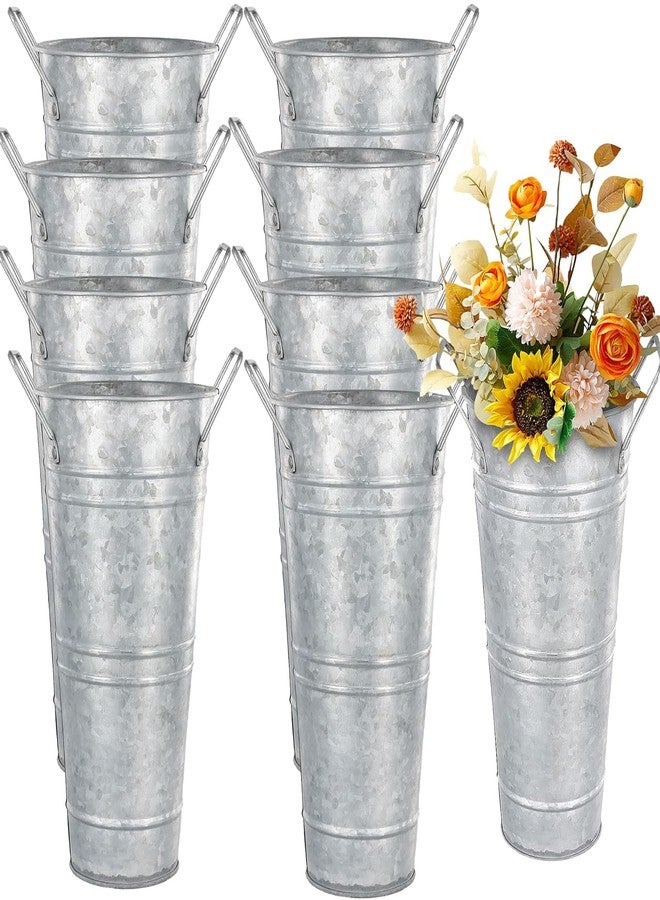 KINJOEK 8 PCS 9 Inch Galvanized Metal Flower Vases, Rustic Farmhouse French Flower Bucket Pots with Handle, Tall Galvanized Metal Vases for Centerpieces, Planter, Home Decor, Silver - Image 1