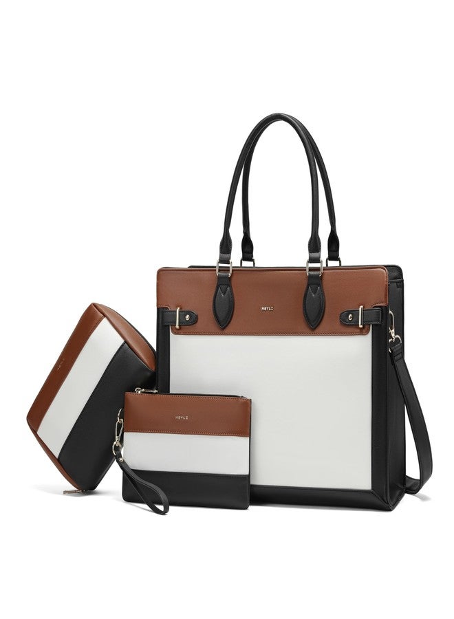Keyli 3pc Sets Laptop Tote Bag for Women 15.6 Inch Work Bag Business Computer Briefcase Waterproof Leather Laptop Purses Casual Shoulder Handbag Messenger Bags for Travel Teacher Office Khaki - Image 1
