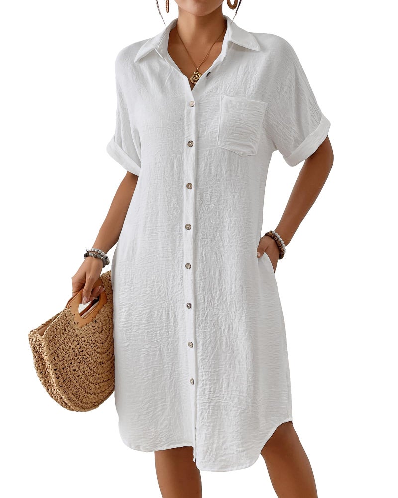Bsubseach Womens Swimsuit Coverup Long Button Down Bathing Suit Cover Ups Short Sleeve Summer Beach Shirt Dress with Pockets White XL - Image 1