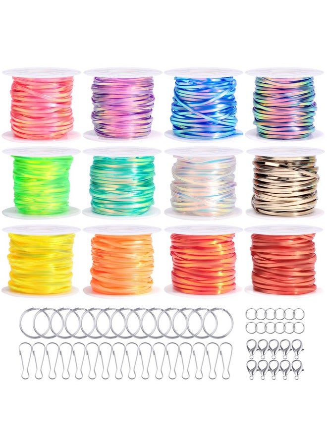 PP OPOUNT Laser Reflective Lanyard String, 12 Rolls Plastic Lacing Cord With 20 Key Chain Rings, 20 Snap Clips And 10 Lobster Clips, Gimp String Kit For Diy Bracelets, Key Chain And Lanyards  - Image 1