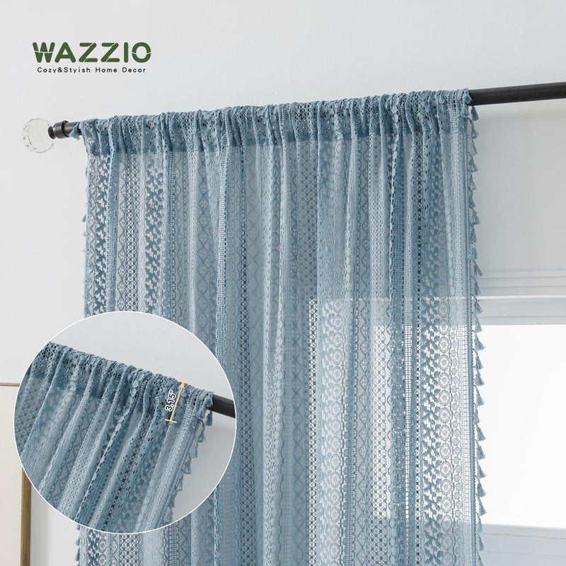 WAZZIO Boho Lace Curtains 63 Inches 2 Panel,Light Filtering Privacy Tassel & Geometry Crochet Semi Sheer Curtain Drapes for Bedroom Living Dining Room,Rod Pocket & Tassel,Light Slate Blue - Image 3