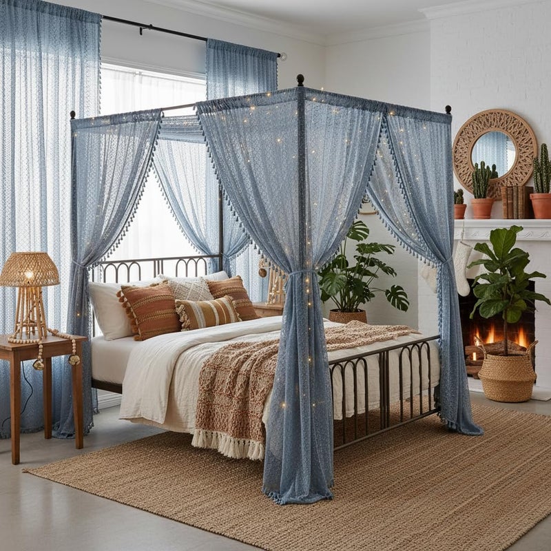 WAZZIO Boho Lace Curtains 63 Inches 2 Panel,Light Filtering Privacy Tassel & Geometry Crochet Semi Sheer Curtain Drapes for Bedroom Living Dining Room,Rod Pocket & Tassel,Light Slate Blue - Image 4