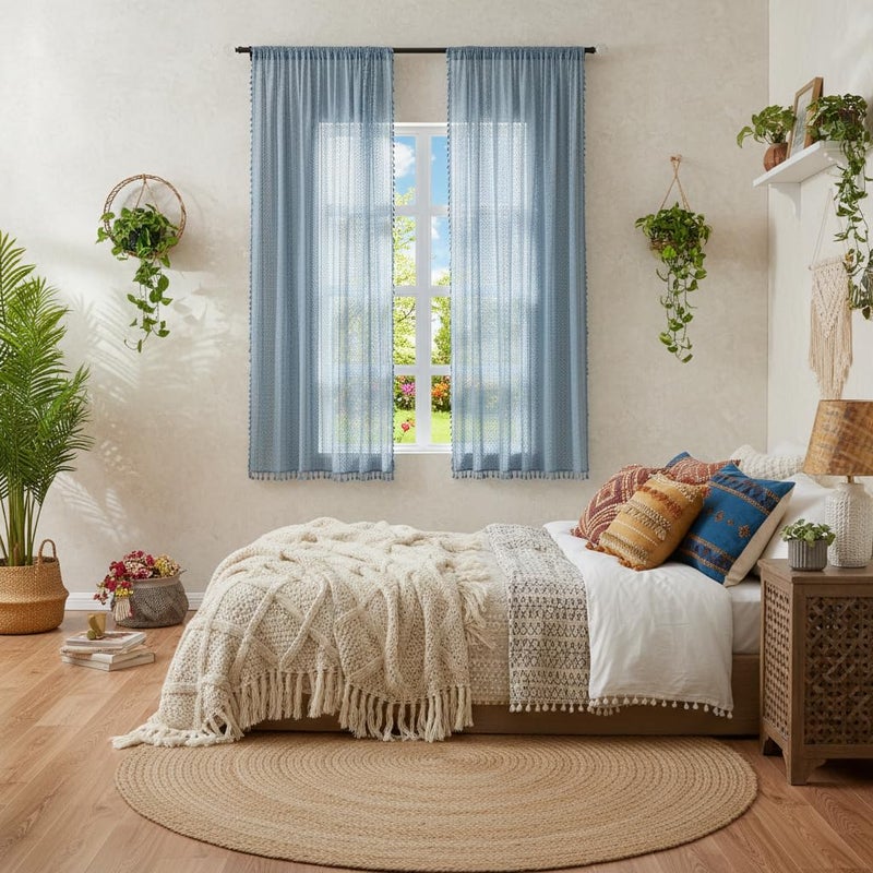 WAZZIO Boho Lace Curtains 63 Inches 2 Panel,Light Filtering Privacy Tassel & Geometry Crochet Semi Sheer Curtain Drapes for Bedroom Living Dining Room,Rod Pocket & Tassel,Light Slate Blue - Image 2