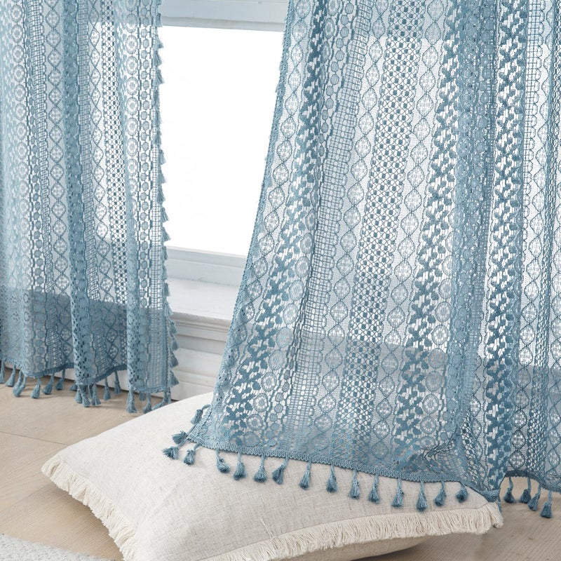 WAZZIO Boho Lace Curtains 63 Inches 2 Panel,Light Filtering Privacy Tassel & Geometry Crochet Semi Sheer Curtain Drapes for Bedroom Living Dining Room,Rod Pocket & Tassel,Light Slate Blue - Image 1