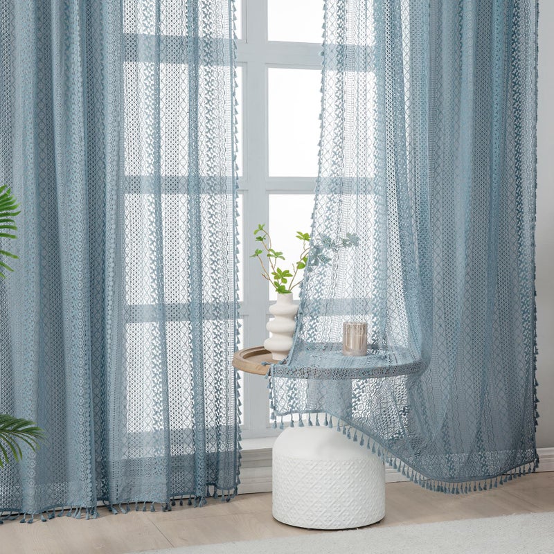 WAZZIO Boho Lace Curtains 63 Inches 2 Panel,Light Filtering Privacy Tassel & Geometry Crochet Semi Sheer Curtain Drapes for Bedroom Living Dining Room,Rod Pocket & Tassel,Light Slate Blue - Image 5