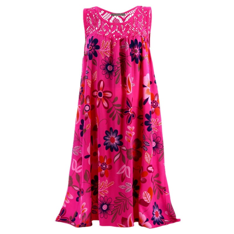 Spot 2019 European beauty dress wish models sleeveless pullover lace print large swing vest dress Army Green L - Image 5