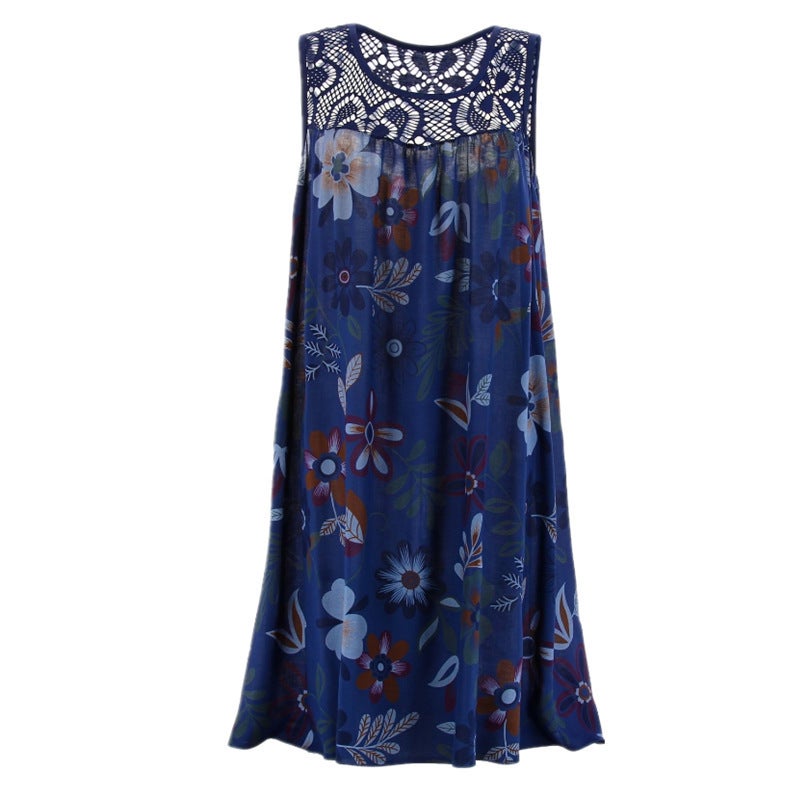 Spot 2019 European beauty dress wish models sleeveless pullover lace print large swing vest dress Army Green L - Image 4