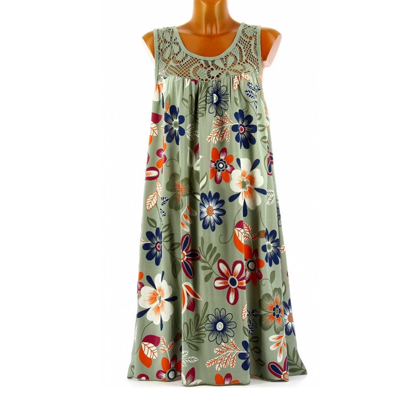 Spot 2019 European beauty dress wish models sleeveless pullover lace print large swing vest dress Army Green L - Image 1
