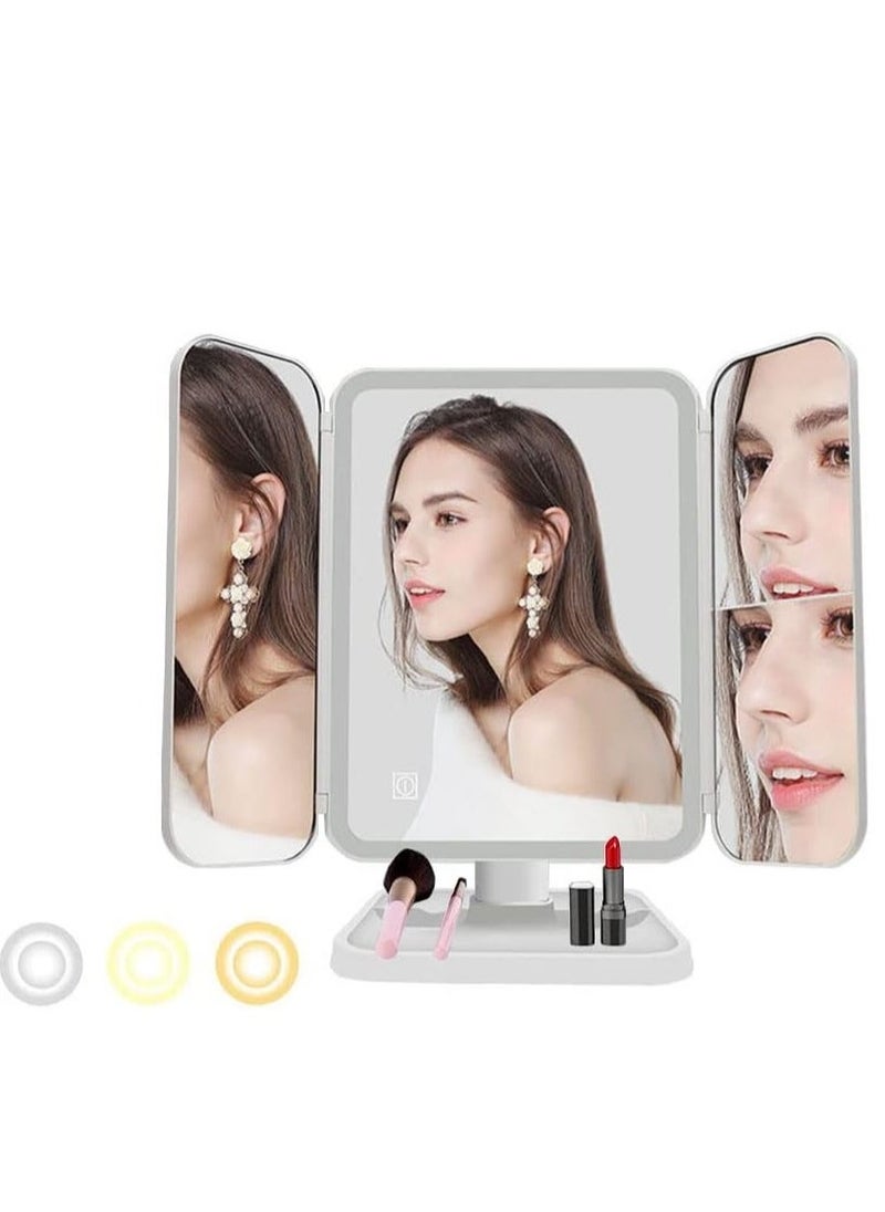 JAJEEK مرآة مكياج LED مع 3 أوضاع إضاءة ملونة – مرآة ثلاثية الطي مع 52 ضوء LED، تكبير 1x/2x/3x، تصميم تحكم باللمس، مرآة تجميل مضاءة عالية الدقة محمولة للجمال والعناية الشخصية - Image 1