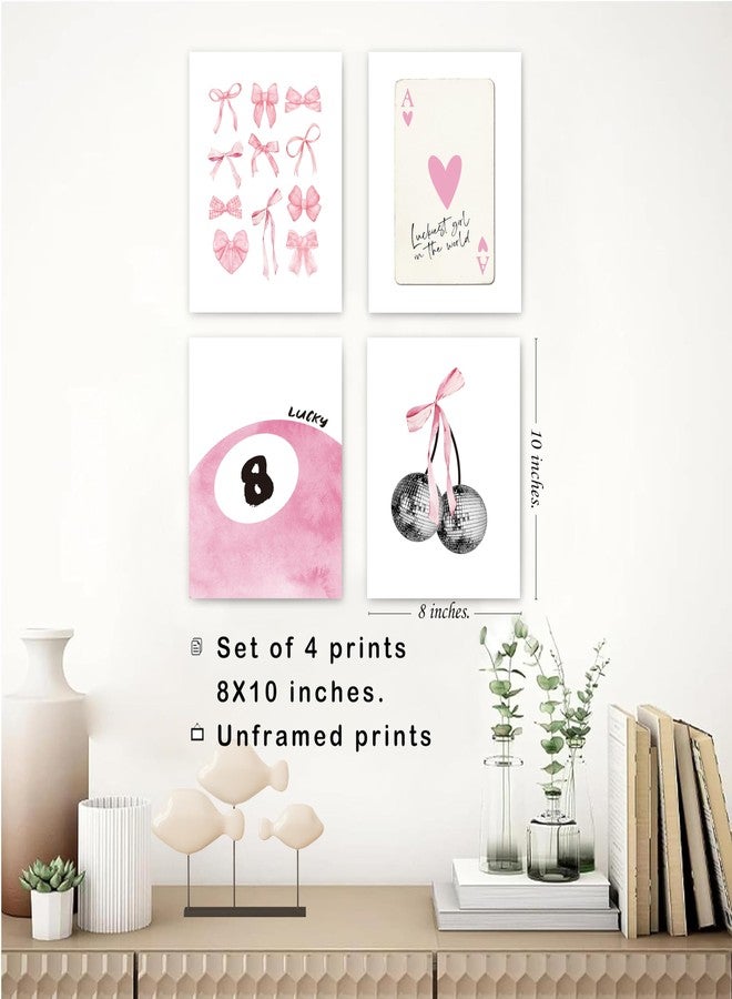 okaxscm Pink Coquette Trendy Preppy Wall Art Prints Set of 4, Coquette Room Decor, Preppy Room Decor Aesthetic, Pink Bow Disco 8 Ball Cherry Wall Decor Posters for Girls Bedroom Dorm, 8x10 Unframed - Image 3