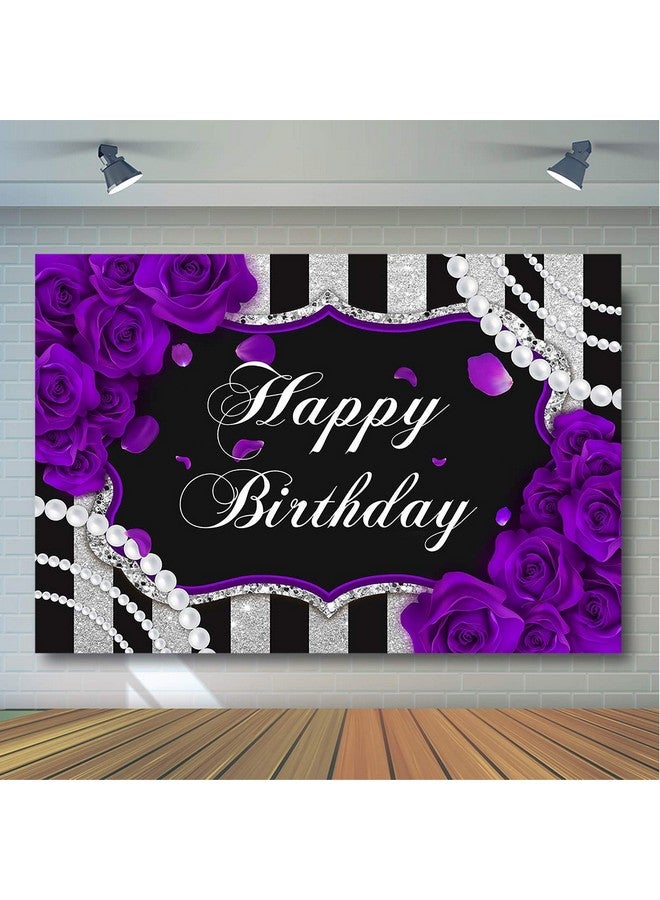 Avezano Purple Rose Birthday Backdrop For Girls Woman Party Decorations Purple Roses Floral Pearl Black And Silver Stripes Happy Birthday Party Banner Photoshoot Photography Background (7X5Ft) - Image 4