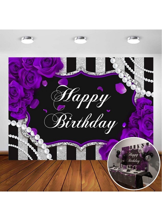 Avezano Purple Rose Birthday Backdrop For Girls Woman Party Decorations Purple Roses Floral Pearl Black And Silver Stripes Happy Birthday Party Banner Photoshoot Photography Background (7X5Ft) - Image 2