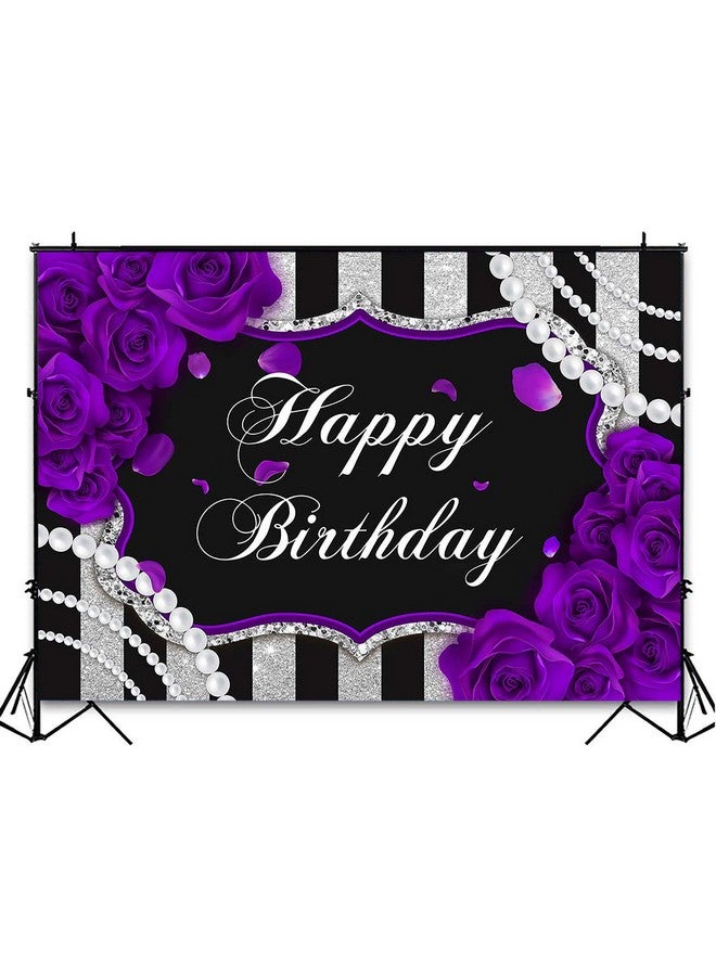 Avezano Purple Rose Birthday Backdrop For Girls Woman Party Decorations Purple Roses Floral Pearl Black And Silver Stripes Happy Birthday Party Banner Photoshoot Photography Background (7X5Ft) - Image 5