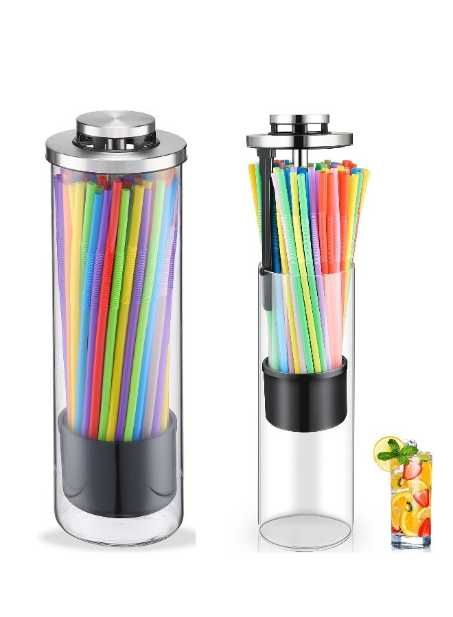 1Pc Glass Straw Dispenser u0026 100 Colorful Striped Plastic Straws with Stainless Steel Lid - Transparent, Multi-Use Holder for Drinking Straws, Stir Sticks, u0026 More -  for Home u0026 Commercial  - Image 1