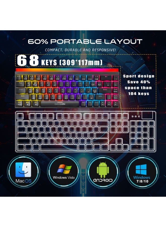 جايم أون لوحة مفاتيح ألعاب ميكانيكية سلكية GAMEON PRIMEX GO-MK260-RS 60% RGB – مفاتيح حمراء، تخطيط **إنجليزي/عربي، تصميم مدمج، إضاءة خلفية RGB، اتصال **USB-C** - Image 4
