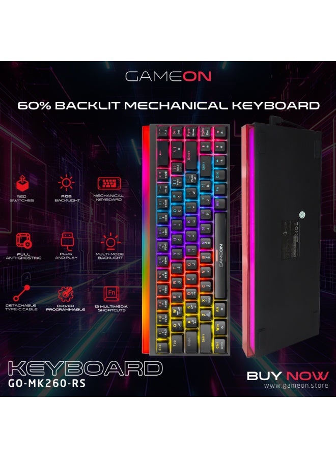 جايم أون لوحة مفاتيح ألعاب ميكانيكية سلكية GAMEON PRIMEX GO-MK260-RS 60% RGB – مفاتيح حمراء، تخطيط **إنجليزي/عربي، تصميم مدمج، إضاءة خلفية RGB، اتصال **USB-C** - Image 3