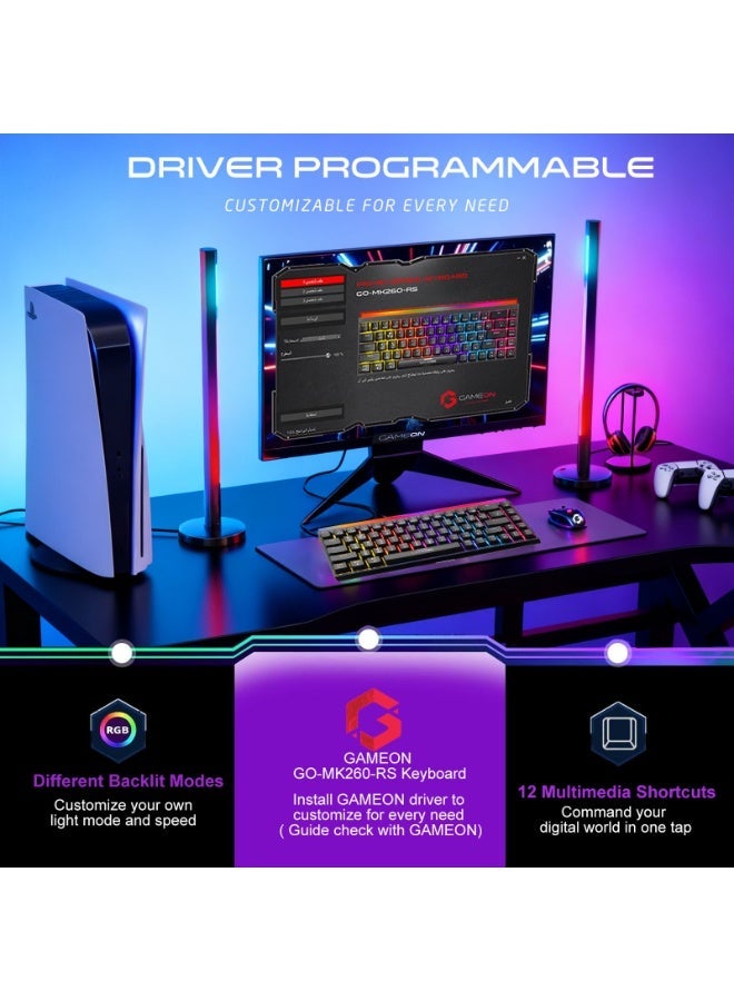 جايم أون لوحة مفاتيح ألعاب ميكانيكية سلكية GAMEON PRIMEX GO-MK260-RS 60% RGB – مفاتيح حمراء، تخطيط **إنجليزي/عربي، تصميم مدمج، إضاءة خلفية RGB، اتصال **USB-C** - Image 2