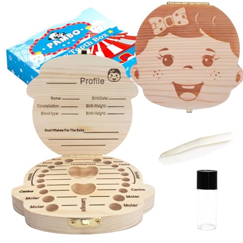 PAMBO Baby Tooth Box Keepsake for Girls,Wooden Tooth Storage And Saver Box for Lost Teeth Children,Newborn Baby Birthday And Shower Gift - Image 1