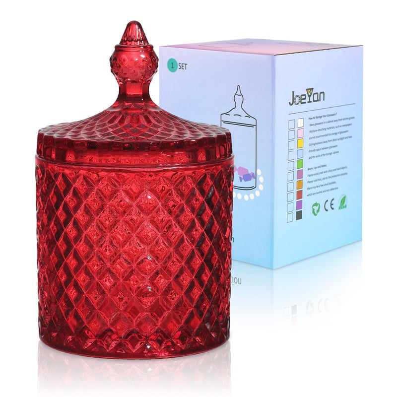 Joeyan 18 oz Red Glass Jars with Lid,Embossed Candy Dishes,Diamond Faceted Glass Food Container,Decorative Jewelry Box Canisters,Colored Kitchen Bathroom Storage Organizer,Gifts for Wedding Buffet - Image 1